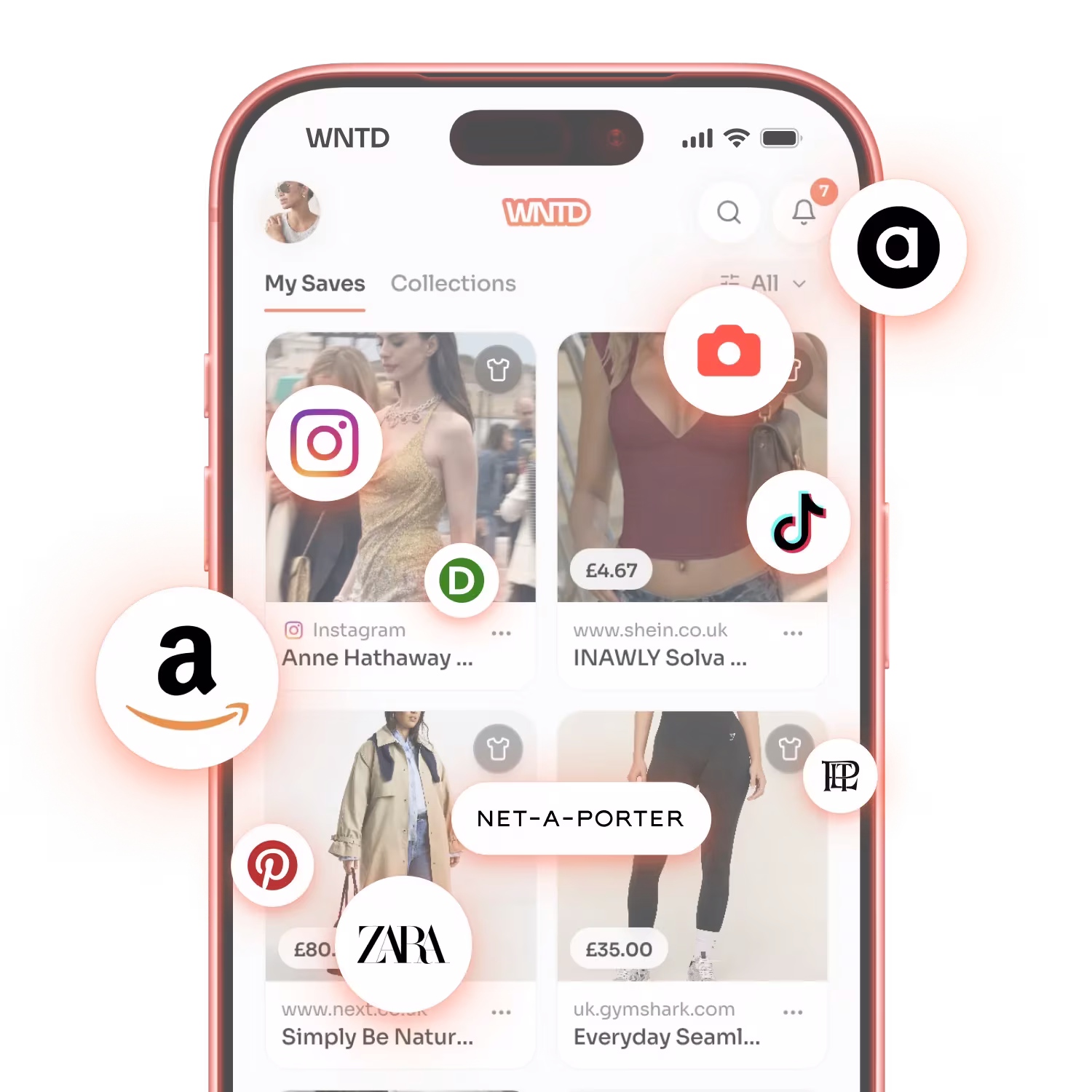 The WNTD app showing one wishlist with saves from Amazon, Zara, Net-a-Porter, Instagram, TikTok, Pinterest and more.